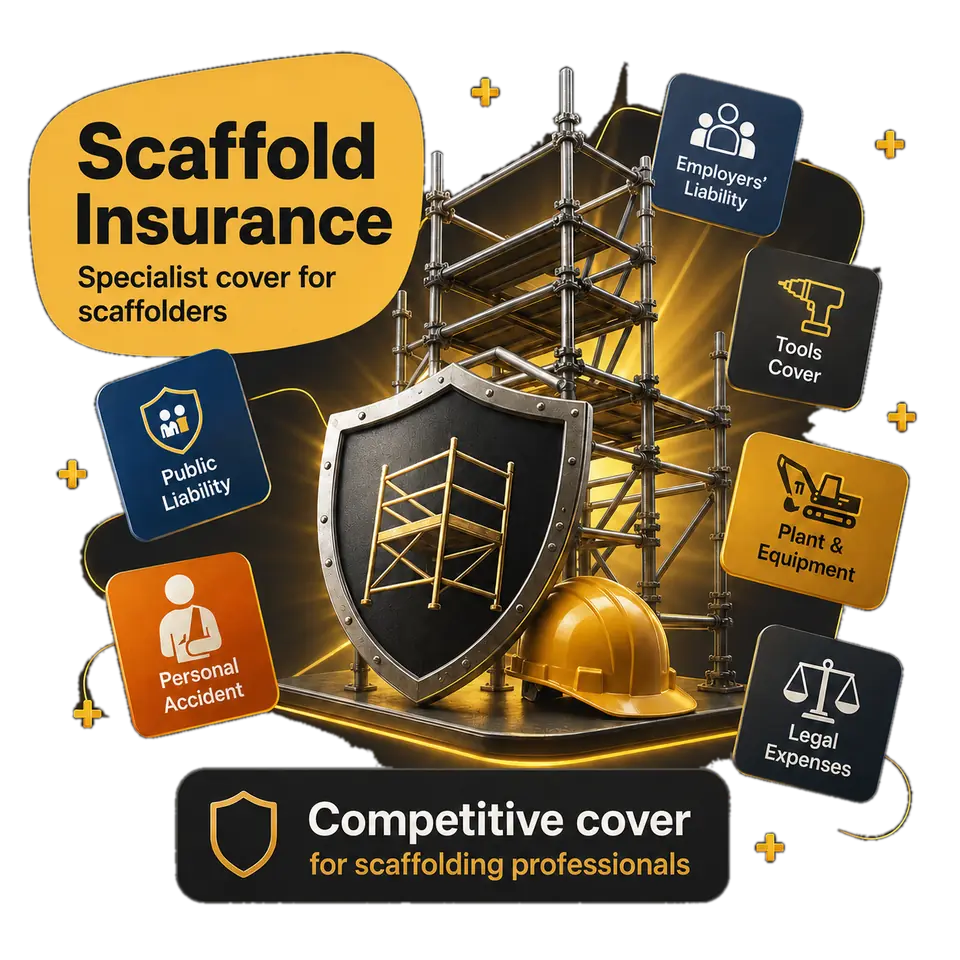 Scaffold insurance cover at a glance: public liability, employers&rsquo; liability, personal accident, tools cover, plant and equipment, and legal expenses