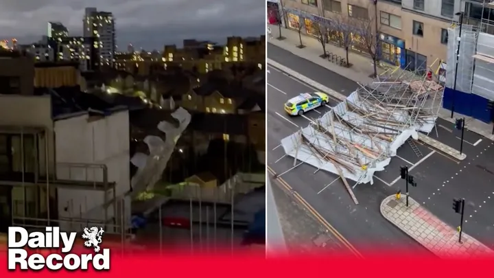 Video still: scaffolding collapsed across a London street during Storm Henk